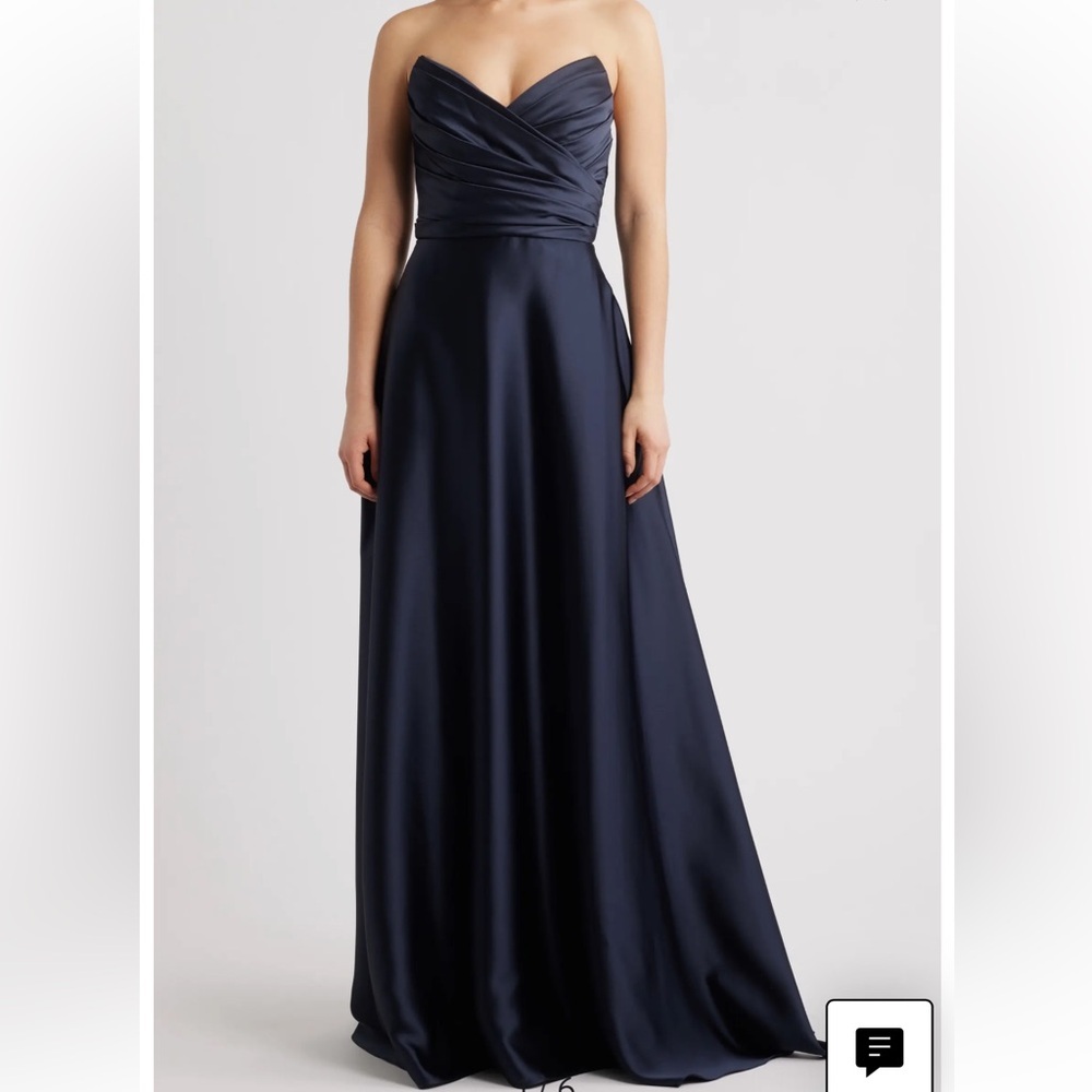 Amsale draped pointed strapless satin gown in navy blue